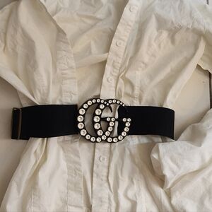 Gucci Black Elastic adjustable Crystal Embellished Plexiglass Marmont Belt 65